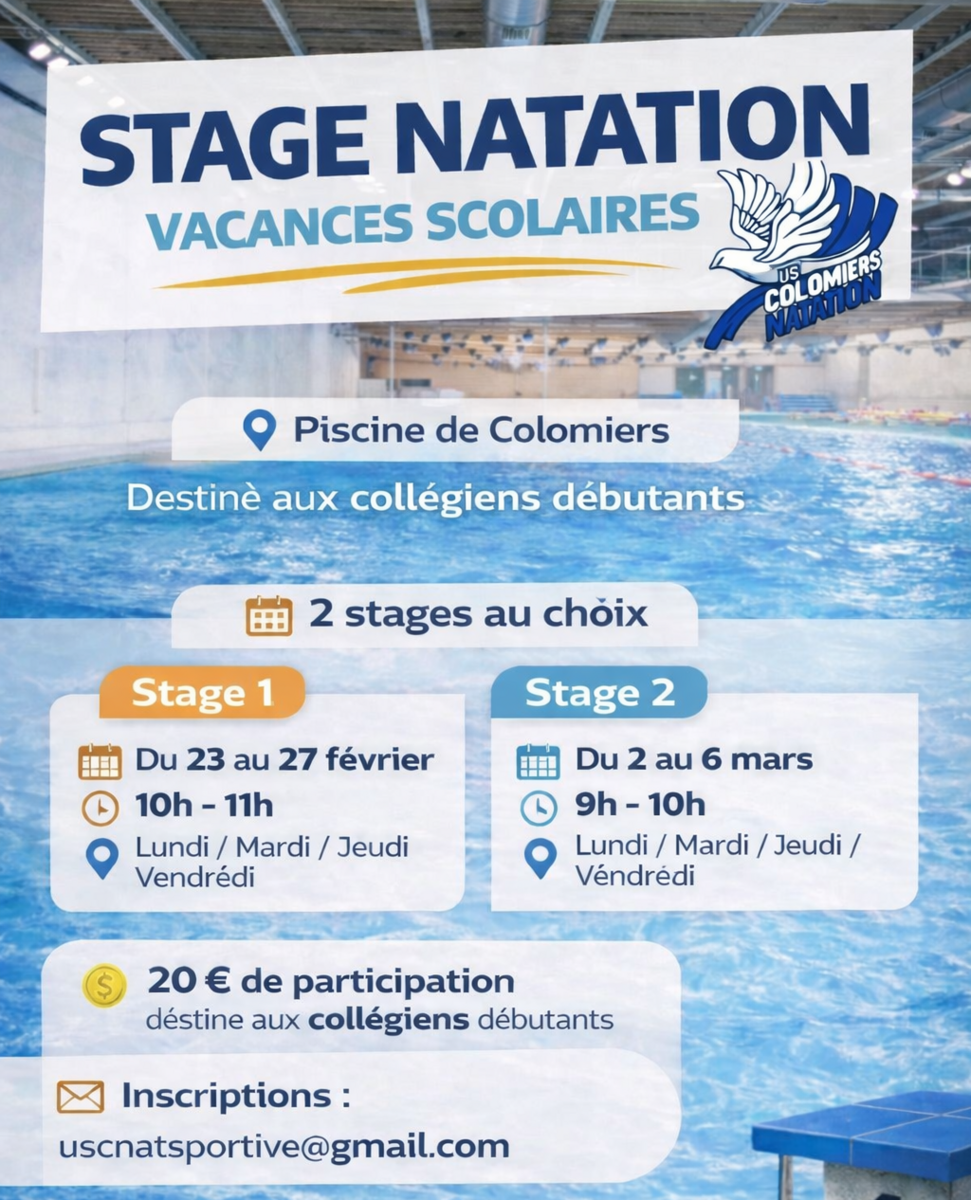 Stage découverte natation pour les collégiens – Vacances d’hiver 2026